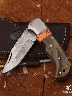 Handmade Damascus Steel Folding Knife Sheep Horn & Stone Handle